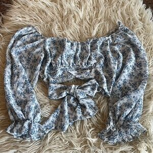 She + Sky Cropped Blue and White Long Sleeve Blouse with Tie Back